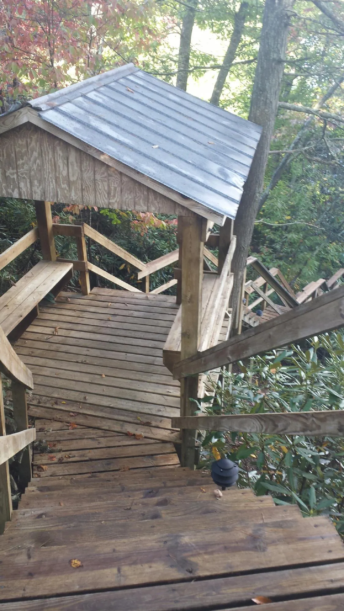 Metal roofed shelter over wooden steps on a wooded walkway — Skylight Repair & Installation work by our crew in Trade
